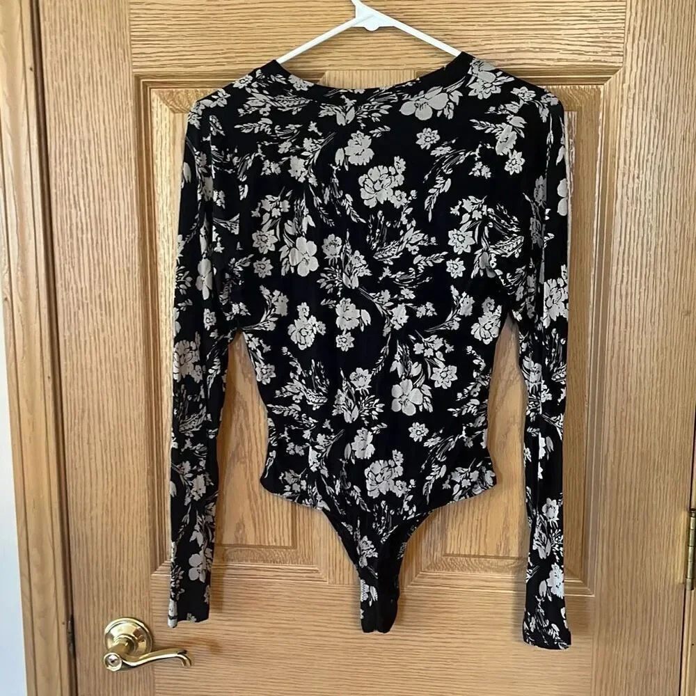 Free People Black and White Floral Long Sleeve Bodysuit
